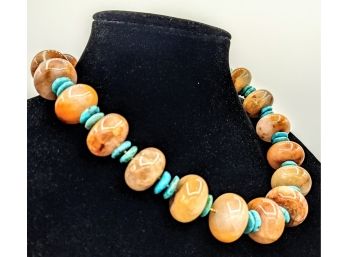 Gorgeous Large Natural Stone Orbs With Double Turquoise Spacers Sterling Clasp Necklace
