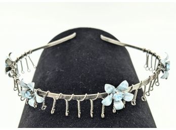 Baby Blue Rhinestone Centers And Cold Enamel Flowers Vintage Metal Headband Perfect For Bride Or Flower Girl