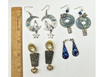 Varied Group Of 3 Pair Artsy Costume Dangle Pierced Earrings In Shades Of Blue Some Signed