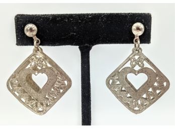 Sweet And Unusual 1940s Five And Dime Love Themed Silver Pierced Dangle Earrings