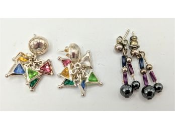 2 Sporty Pairs Of Colorful Bouquet Post Dangle Earrings 1' Long