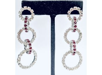 Super Fun And Festive Sparkling White And Ruby Red Prong-Set Rhinestones Multi Hoops-In-Hoops Post Dangles 3'
