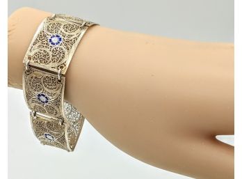 Lightweight Silver-Tone Rectangle Links Filigree Bracelet With Blue Enamel Centers