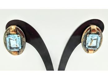SUPERB ART DECO 1940S 12K GOLD FILLED PRONG-SET EMERALD CUT VIBRANT BABY BLUE GLASS EARRINGS AGREEABLE PATINA