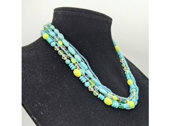 Happy Springtime Green And Turquoise Glass Crystals Beads And Silver Spacers So Pretty 7-Strand Necklace 18'