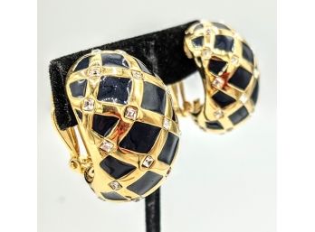 Designer Signed Clip-on Gold Enamel And Rhinestone St. John Earrings Sophisticated And Chic