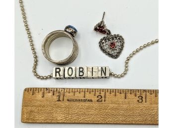 ROBIN!! Sterling Silver Lot ~ 30'Ball Chain ~ Heart With Garnets ~ Bezel-set Blue Stone Wide Band Ring Size 7