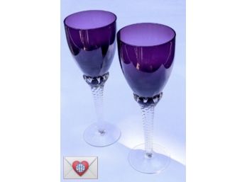 Magnificent Pair ~ Tall Hand Blown Amethyst Crystal 9' Goblets With Clear Twisted Stems ~ Bride Groom