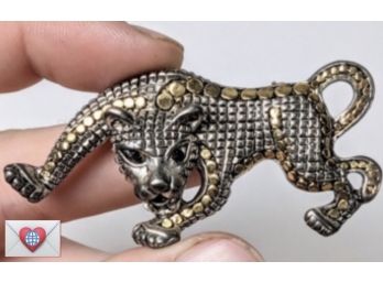 Dramatic Silver And Gold Crouching Panther Brooch