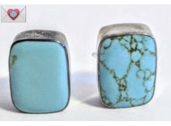 REAL TURQUOISE ~ CHUNKY POST EARRINGS BEZEL-SET IN PATINATED STERLING SILVER 1'