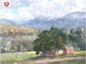 Original Heart Charming Original Bucolic Homestead Farmscape Under Billowy Clouds Framed  Oil Painting