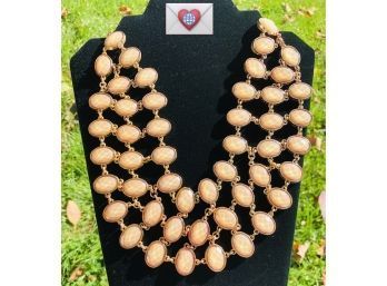 Extravagant Festoon Statement Necklace Gold Tone With Facetted Peach Colored Thermoset Stones