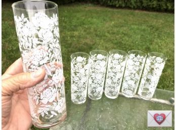 Vintage Tom Collins Tall Boy Floral Litho Printed Glasses ~ Bariana ~ Set Of 6 Signed Libby