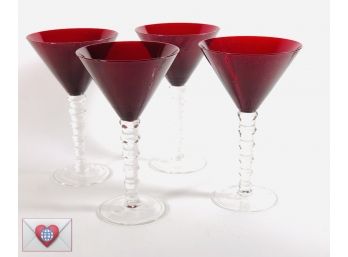 Vintage Gold Ruby Glass Martini Glasses ~ Set Of 4
