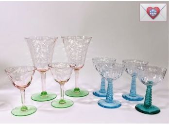 8 Sweet And Pretty Art Glasses ~ Pink Green Vintage