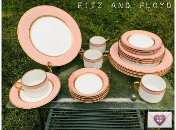 Most Feminine Pink Fitz And Floyd Dinnerware With Gold Detailing For 4 ~ 'Renaissance' Pattern ~ Mint