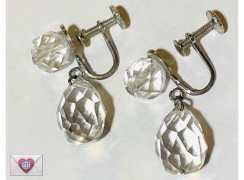 Cut Rock Crystal And Sterling Vintage Screw Back Dangle Earrings