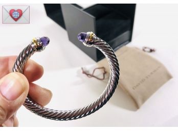David Yurman 7mm Sterling Silver 14K Gold And Amethyst Cable Bangle Bracelet ~ Brand New In Box