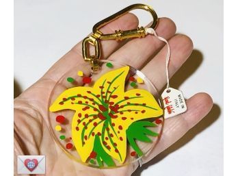 New Old Stock Vintage Raoul Calabro 1970 Painted Lily Lucite Keychain ~ Made In Italy ~ Orig. Tag Still On