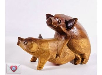 Pigs Making Pigs ~ Well Carved Wood Primitive Signed Vintage Love Token 'S Loves F 1941'