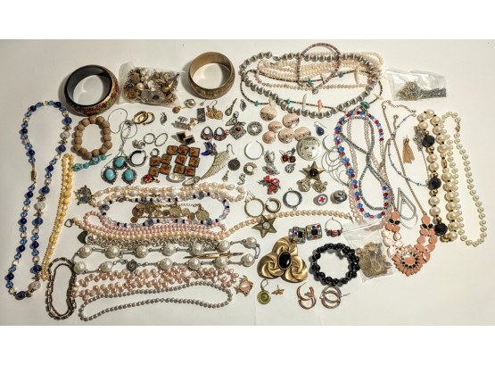 Assortment Of Miscellaneous Costume Jewelry, Includes Bead Necklaces, Metal Earrings And Small Brooches