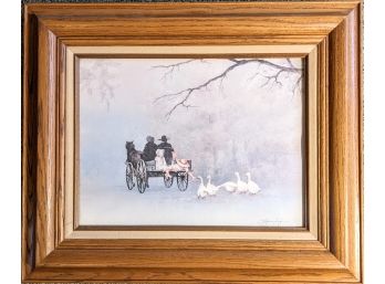 Goose Chasing A Winter Carriage By S.S. Framed Under Glass {Ives Family Provenance}
