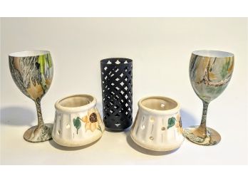 5 Decorative Kitchen Pieces, 2 Camo Wine Glasses A Soap Dispenser Cover And 2 Yankee Candle Jar Tops