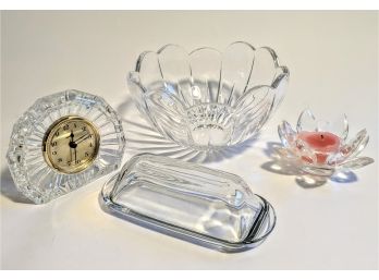 4 Pieces Of Unmarked Crystal - A Bowl, Butter Dish, Candle Holder, And A Clock (untested)