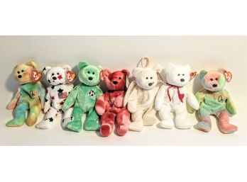 6 Iconic/rare Ty Beanie Baby Bears And A Red Salvino Bammers Bear - With 2 Rare Rainbow Bears - All With Tags