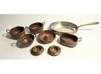 Vintage Miniature Copper Pot Pans Strainer And Bowls