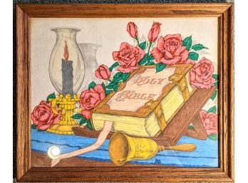 Original Primitive Painting Of The Holy Bible With Roses {Ives Family Provenance}