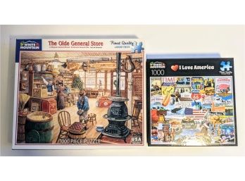 Pair Of Used 1000 Piece Puzzles From White Mountain - Ye Old General Store And I Love America