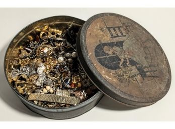 Antique Metal Tin Filled With Beautiful Costume Jewelry - From Necklaces To Cufflinks To Earrings ~ 4lbs