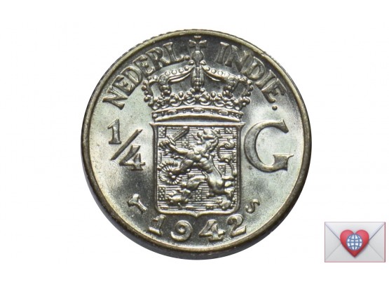 Netherlands East Indies 1942 Silver Quarter Gulden Lion Animal {World Coin F}