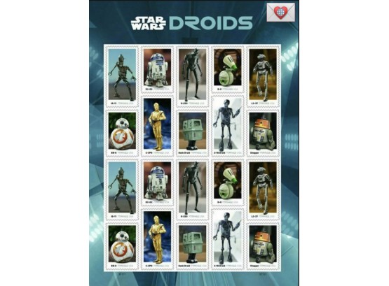 Collectible ~ Very Cool Full Sheet Star Wars Droids Forever Stamps ~ $11. Face Value