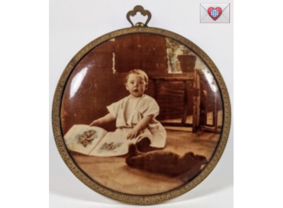 1915 Sepia Photo Litho Printed On Bubble Tin ~ Young Girl In Round Brass Frame