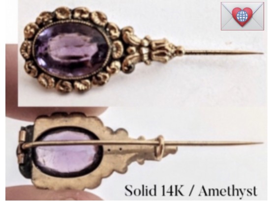 Beautifully Hand Wrought Solid 14K Gold Antique Hinged Cravat Pin With Large Amethyst ~ 2.7g