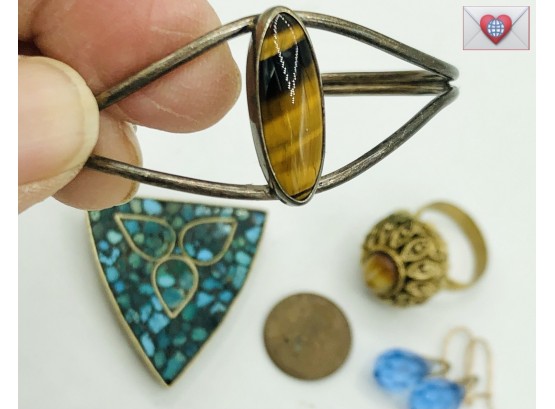 Vintage Jewelry Lot ~ Inlay Turquoise Mosaic Fur Clip Tigers Eye Blue Crystal Prism Drop Earrings And More