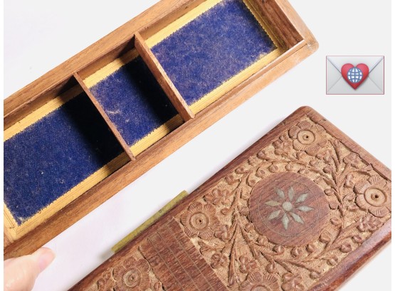 Beautifully Hand Carved Antique Inlaid Wooden Box With Brass Accents And Hand Stitched Felt Lining