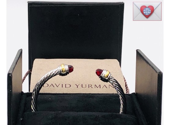 David Yurman Sterling Silver 14K Gold And Garnet Cable Bangle Bracelet ~ Brand New In Box