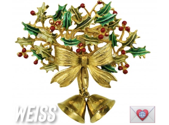 Large WEISS Poinsettia Christmas Brooch With Musical Dangle Bells