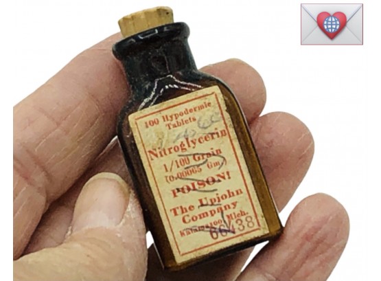 RARE! Tiny Antique Amber Glass Pharmaceutical Nitroglycerin Poison Bottle With Cork