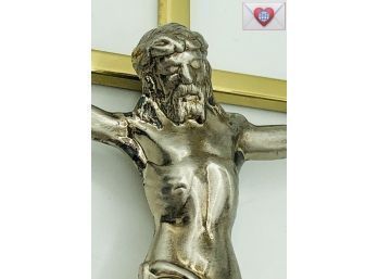 Brand New Large Brass And White Metal Jesus On The Cross In Golden Box