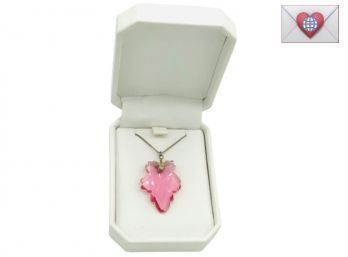 Charming Pinkest Pink Cut Crystal Leaf Form Necklace With Vintage Chain And Pressed Brass Finding In Gift Box