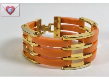 Great Looking Coral Bakelite And Gold Tone MCM Multi-Bar Wide Link Bracelet ~ Mint