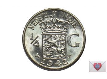 Netherlands East Indies 1942 Silver Quarter Gulden Lion Animal {World Coin F}