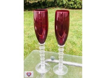 Gold Ruby Glass Champagne Flutes ~ Bride Groom