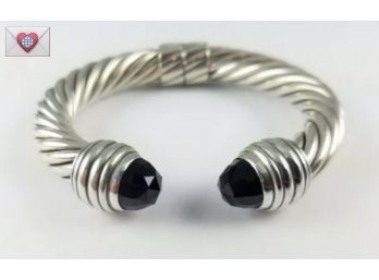 David Yurman 10mm Sterling Silver And Black Onyx Hinged SS Cable Cuff Bangle Bracelet ~ Brand New In Box