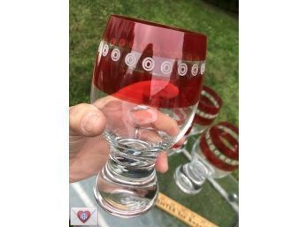 5 Fabs! Vintage Hand Etched Clear Cranberry Glass Huge Beer Tumblers