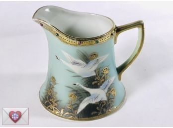 Exquisite Antique ~ Two Cranes Flying Gold Detailed Hand Painted Diminutive Fine Porcelain Picture